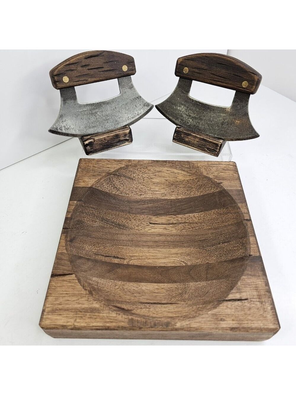 Alaskan Ulu Knife Set 2 Choppers w Wooden Bowl Board Rustic Kitchen Prep Set